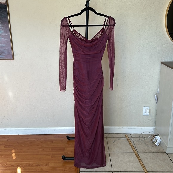 House of CB Burgundy Long Sleeve Mesh Maxi Dress